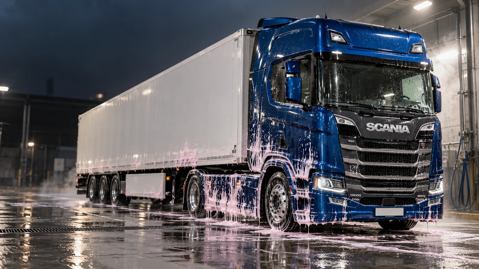 Motrice Scania blu con semirimorchio durante un lavaggio professionale